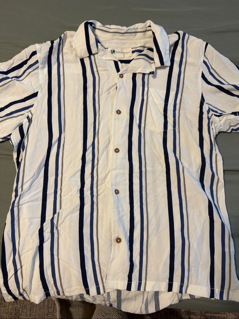 Casual Short-Sleeve Stripe Shirt - White with Navy Stripes